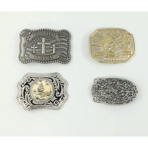 VTG 4 Belt Buckle St Justin Celtic Liberty Statue Sailing Ship God Bless America